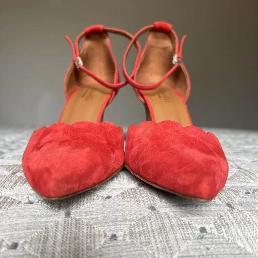 Minelli Spain Red Suede Scalloped Edge Pump Heel Ankle Strap Women EU 38 US‎ 7.5